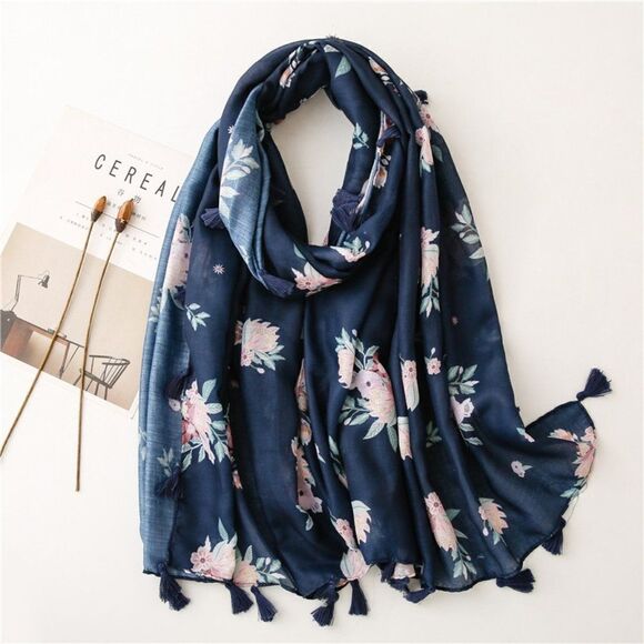 2/$30 Ladies Navy Blue Floral Scarf - Picture 1 of 7